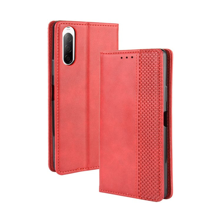Magnetic Snap Vintage Style Leather Shell Wallet Stand Case for Sony Xperia 10 II - Red
