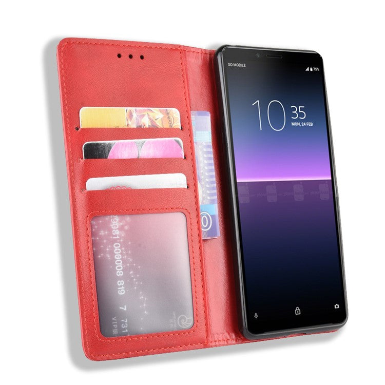 Magnetic Snap Vintage Style Leather Shell Wallet Stand Case for Sony Xperia 10 II - Red