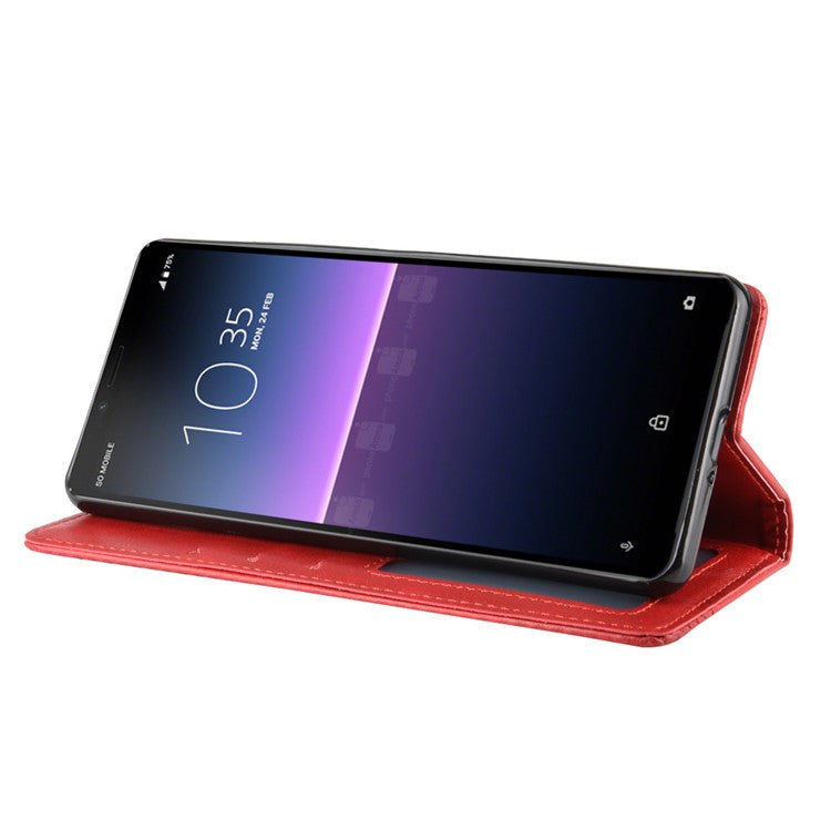 Magnetic Snap Vintage Style Leather Shell Wallet Stand Case for Sony Xperia 10 II - Red