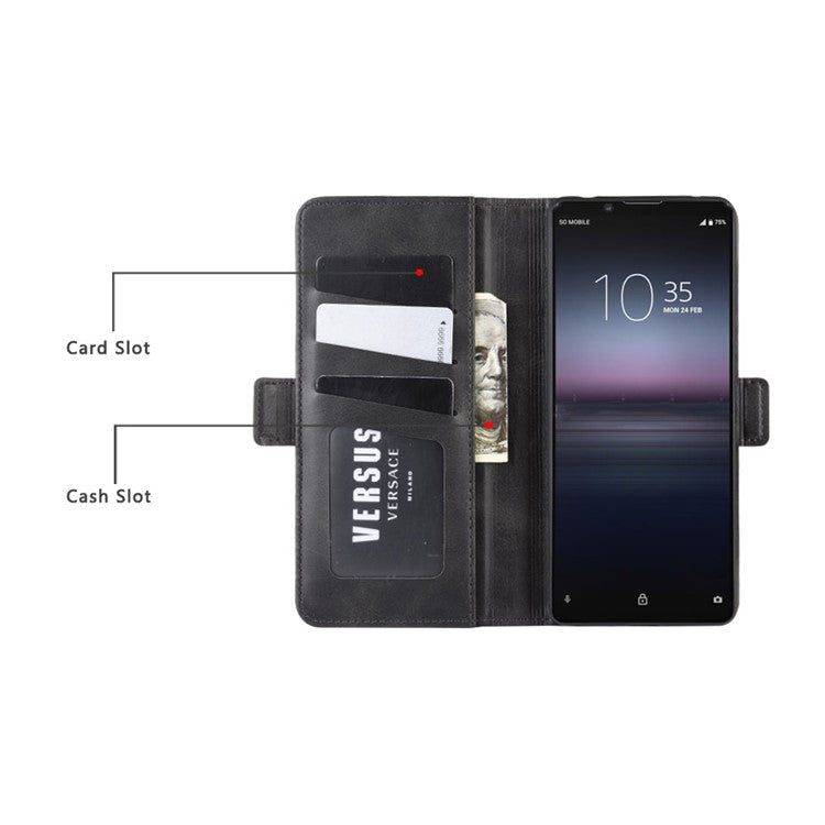 Double Clasp Flip Leather Wallet Stand Phone Cover for Sony Xperia 1 II - Black