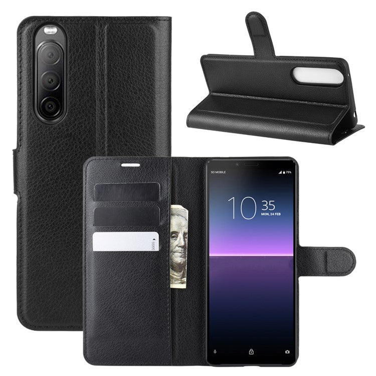Litchi Skin Magnetic Leather Stand Case for Sony Xperia 10 II Wallet Card Holder Design Phone Case - Black