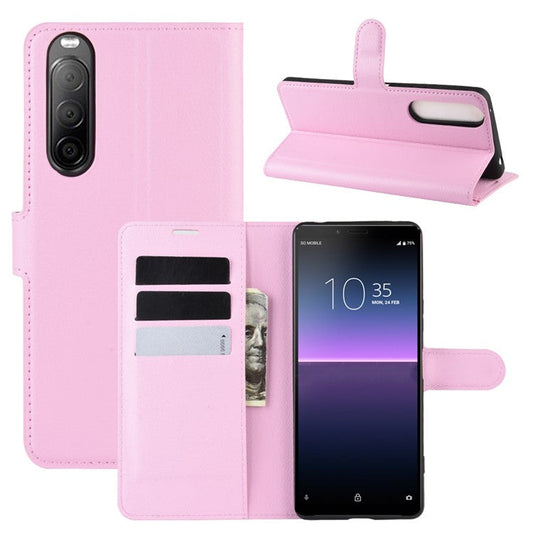 Litchi Skin Magnetic Leather Stand Case for Sony Xperia 10 II Wallet Card Holder Design Phone Case - Pink