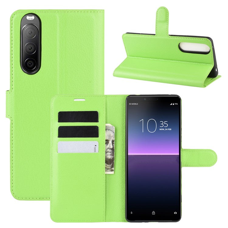 Litchi Skin Magnetic Leather Stand Case for Sony Xperia 10 II Wallet Card Holder Design Phone Case - Green