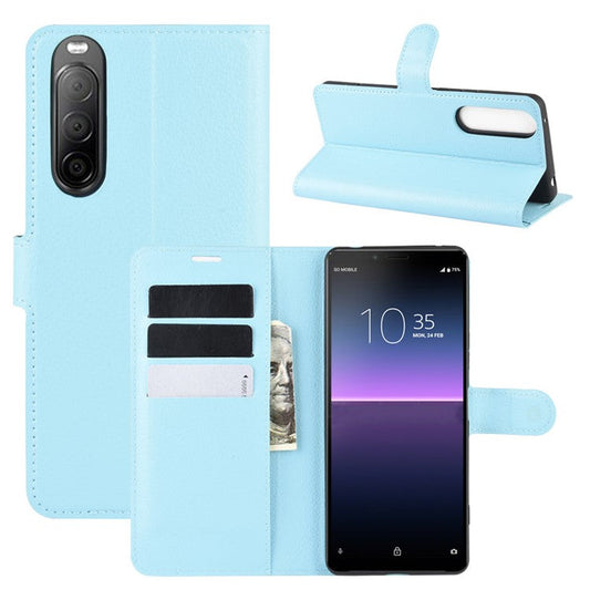 Litchi Skin Magnetic Leather Stand Case for Sony Xperia 10 II Wallet Card Holder Design Phone Case - Baby Blue