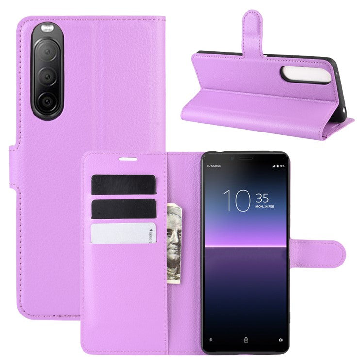 Litchi Skin Magnetic Leather Stand Case for Sony Xperia 10 II Wallet Card Holder Design Phone Case - Purple