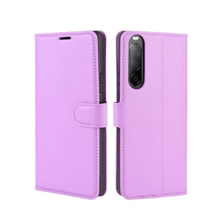 Litchi Skin Magnetic Leather Stand Case for Sony Xperia 10 II Wallet Card Holder Design Phone Case - Purple