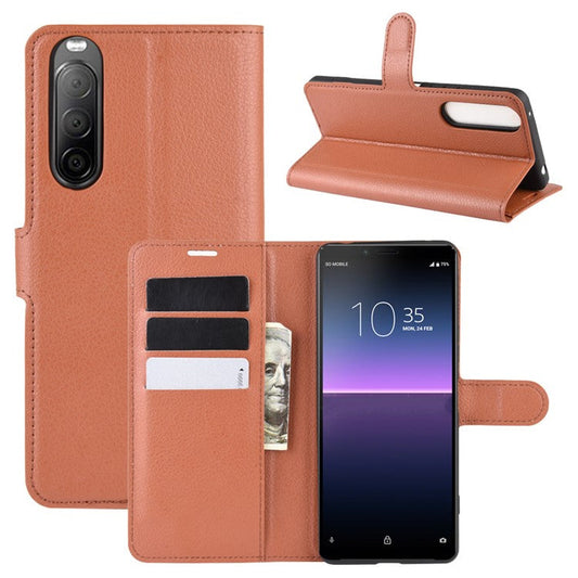 Litchi Skin Magnetic Leather Stand Case for Sony Xperia 10 II Wallet Card Holder Design Phone Case - Brown
