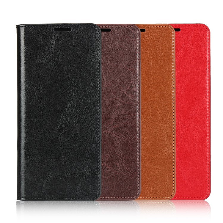 Crazy Horse Wallet Stand Genuine Leather Case Phone Shell for Sony Xperia 10 II - Black