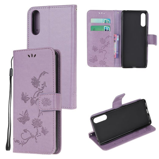 Imprint Butterfly Flower Wallet Stand Leather Flip Cover for Sony Xperia L4 - Light Purple