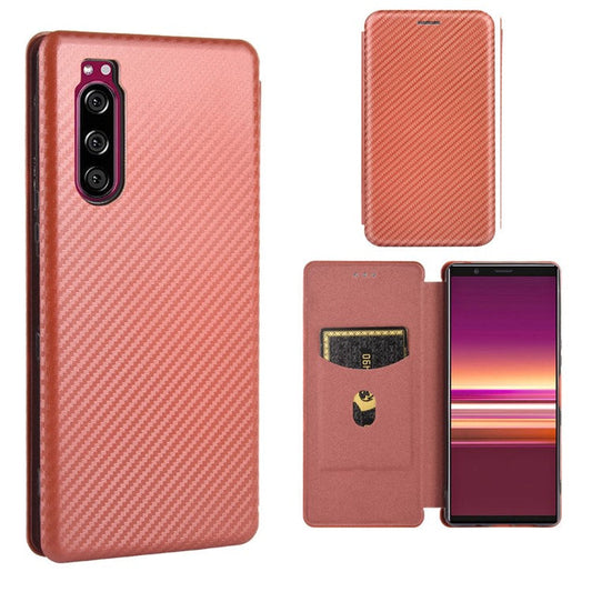 Carbon Fiber Auto-absorbed Leather Case with Card Slot for Sony Xperia 5 II - Brown