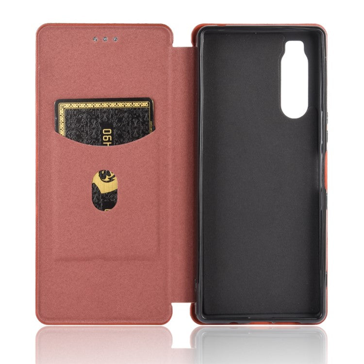 Carbon Fiber Auto-absorbed Leather Case with Card Slot for Sony Xperia 5 II - Brown
