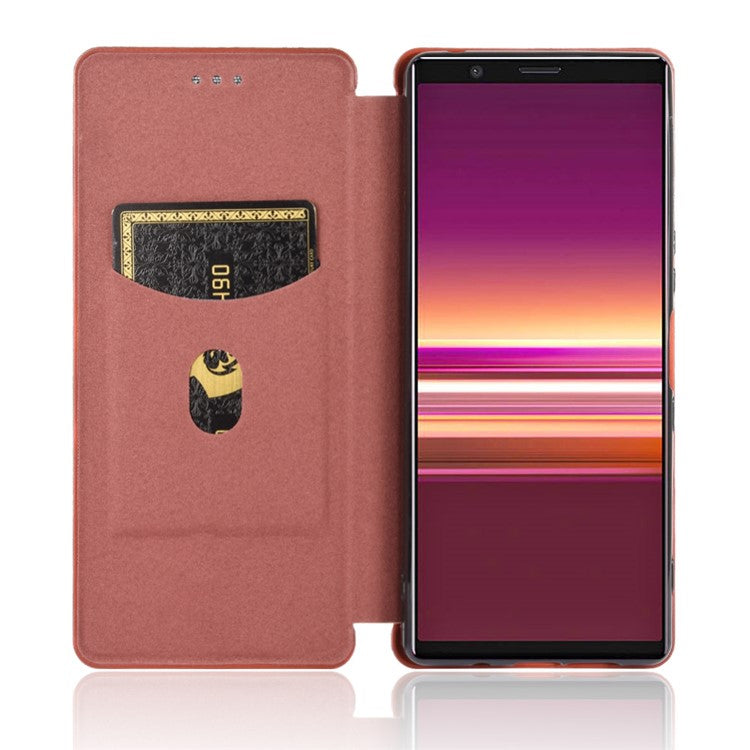 Carbon Fiber Auto-absorbed Leather Case with Card Slot for Sony Xperia 5 II - Brown