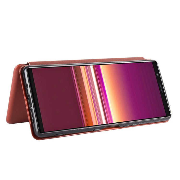 Carbon Fiber Auto-absorbed Leather Case with Card Slot for Sony Xperia 5 II - Brown