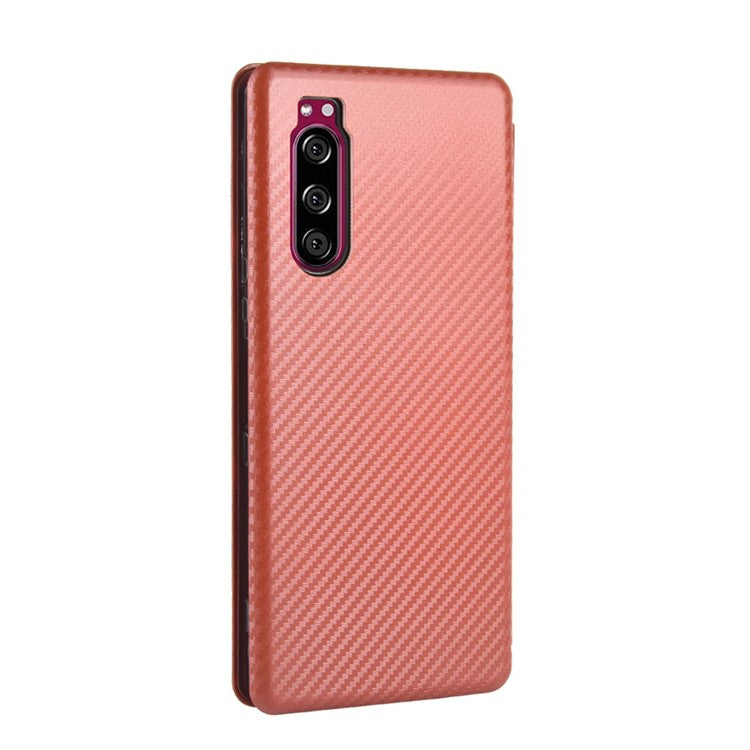 Carbon Fiber Auto-absorbed Leather Case with Card Slot for Sony Xperia 5 II - Brown