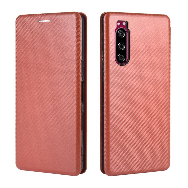 Carbon Fiber Auto-absorbed Leather Case with Card Slot for Sony Xperia 5 II - Brown