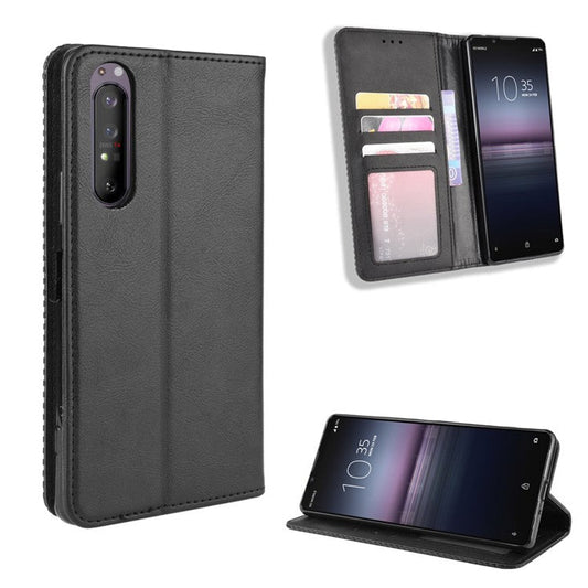 Auto-absorbed Retro Case Leather Phone Cover with Stand Wallet for Sony Xperia 5 II - Black