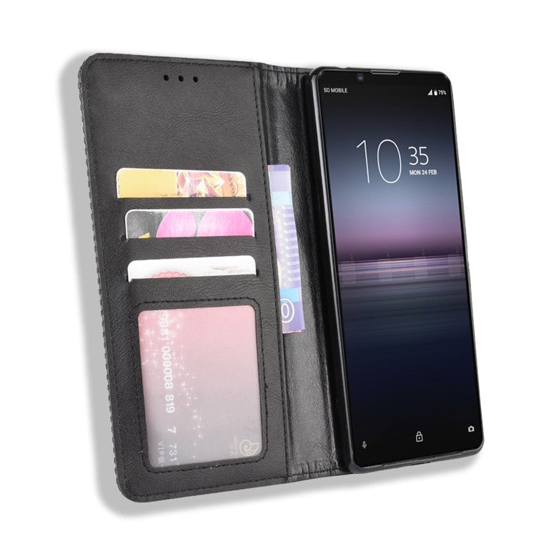 Auto-absorbed Retro Case Leather Phone Cover with Stand Wallet for Sony Xperia 5 II - Black