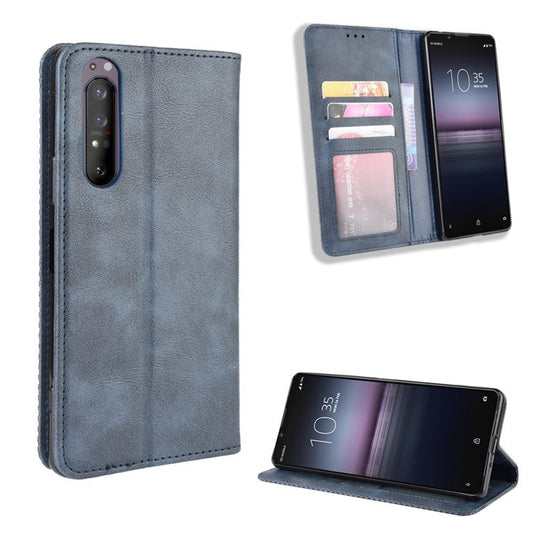 Auto-absorbed Retro Case Leather Phone Cover with Stand Wallet for Sony Xperia 5 II - Blue