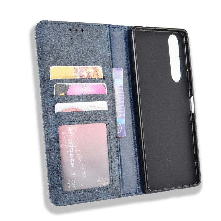Auto-absorbed Retro Case Leather Phone Cover with Stand Wallet for Sony Xperia 5 II - Blue