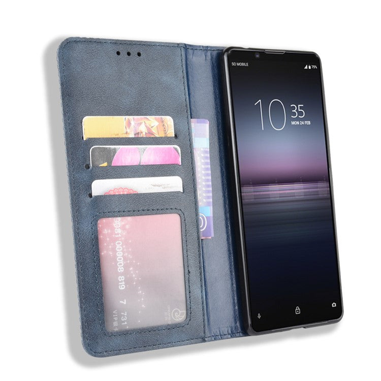 Auto-absorbed Retro Case Leather Phone Cover with Stand Wallet for Sony Xperia 5 II - Blue