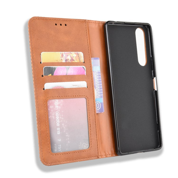 Auto-absorbed Retro Case Leather Phone Cover with Stand Wallet for Sony Xperia 5 II - Brown