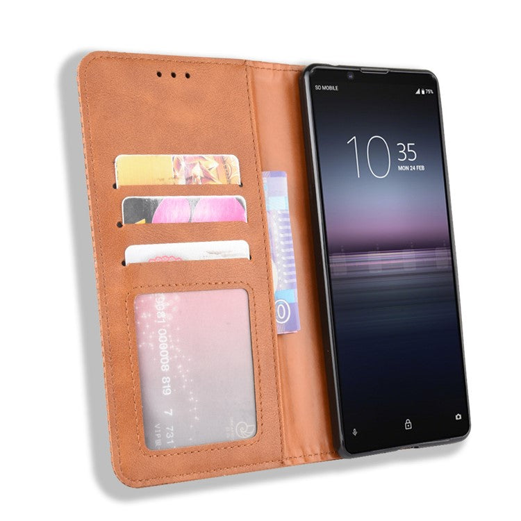 Auto-absorbed Retro Case Leather Phone Cover with Stand Wallet for Sony Xperia 5 II - Brown