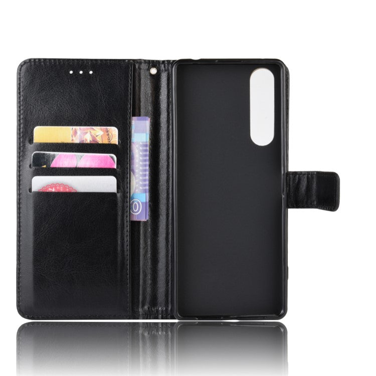 Crazy Horse Texture Protector Wallet Stand Leather Phone Case for Sony Xperia 5 II - Black