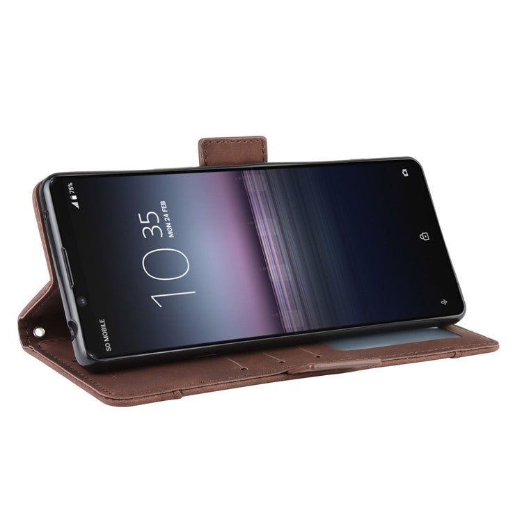 Multi-slot Leather Case Wallet Stand Shell for Sony Xperia 5 II - Brown