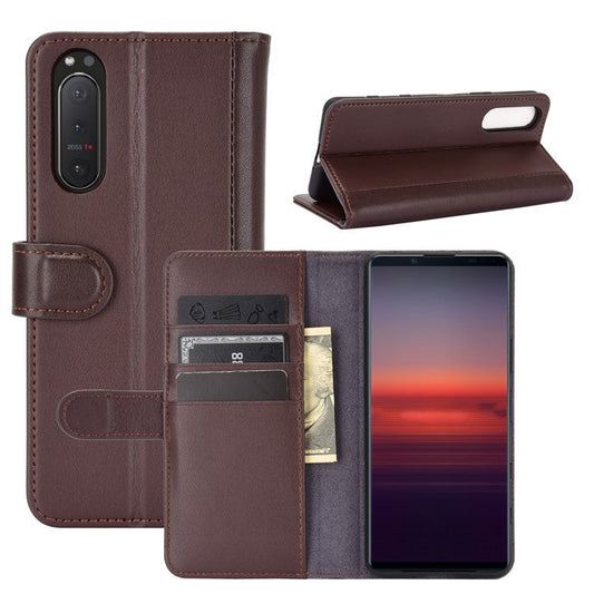 Split Leather Wallet Stand Protective Shell for Sony Xperia 5 II with Magnetic Closure Design - Brown
