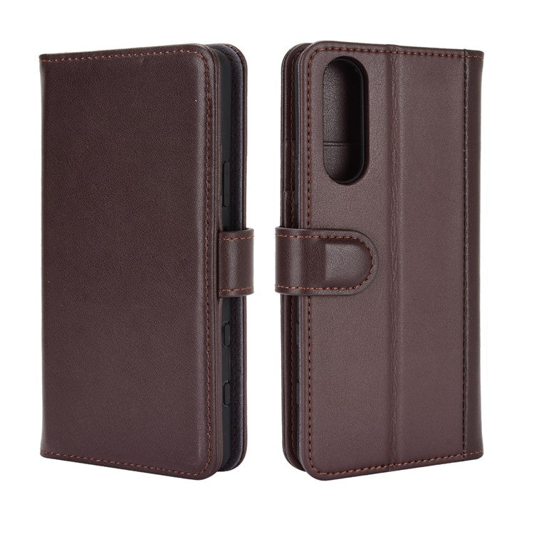 Split Leather Wallet Stand Protective Shell for Sony Xperia 5 II with Magnetic Closure Design - Brown