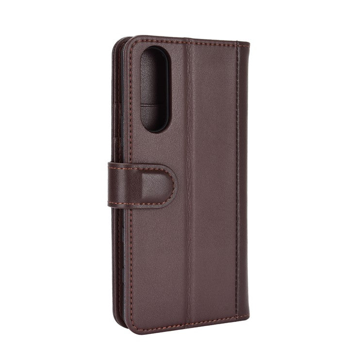 Split Leather Wallet Stand Protective Shell for Sony Xperia 5 II with Magnetic Closure Design - Brown