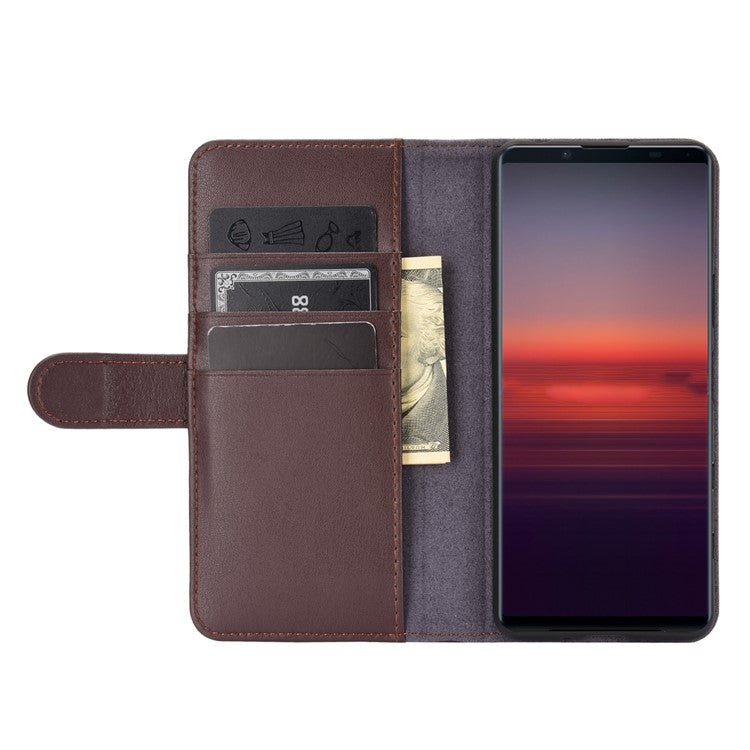 Split Leather Wallet Stand Protective Shell for Sony Xperia 5 II with Magnetic Closure Design - Brown