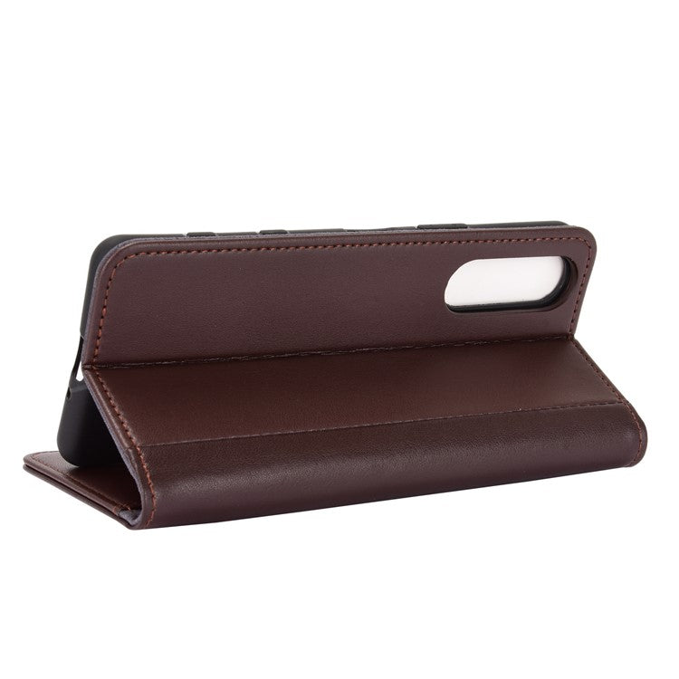 Split Leather Wallet Stand Protective Shell for Sony Xperia 5 II with Magnetic Closure Design - Brown