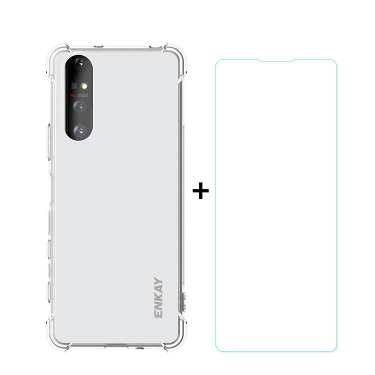 ENKAY HAT PRINCE Four Corner Thickening Anti-Slip Cover Shockproof Clear TPU Case + Tempered Glass Screen Protector for Sony Xperia 5 II