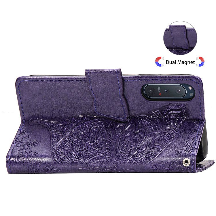 Imprint Big Butterfly Leather Wallet Phone Shell for Sony Xperia 5 II - Dark Purple