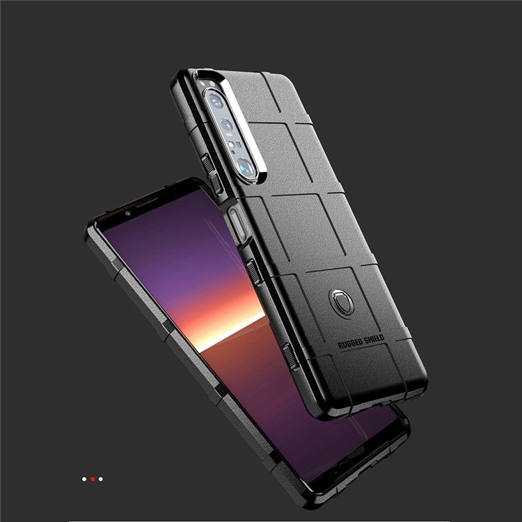 Shock-proof Rugged Square Grid Texture TPU Phone Cover Case for Sony Xperia 1 III 5G - Black
