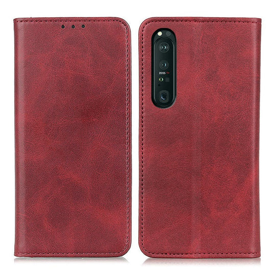Automatic Suction Design Split Leather Wallet Phone Cover for Sony Xperia 1 III 5G Stand Shell - Red