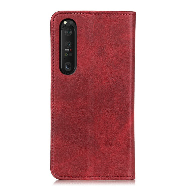 Automatic Suction Design Split Leather Wallet Phone Cover for Sony Xperia 1 III 5G Stand Shell - Red