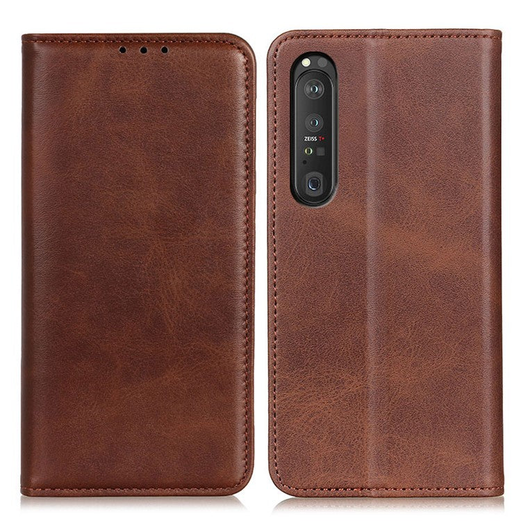 Automatic Suction Design Split Leather Wallet Phone Cover for Sony Xperia 1 III 5G Stand Shell - Coffee