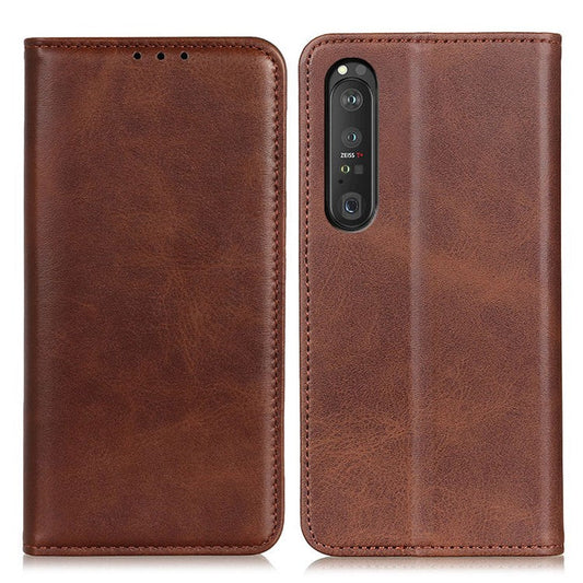 Automatic Suction Design Split Leather Wallet Phone Cover for Sony Xperia 1 III 5G Stand Shell - Coffee