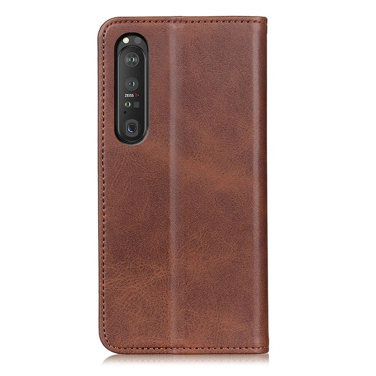 Automatic Suction Design Split Leather Wallet Phone Cover for Sony Xperia 1 III 5G Stand Shell - Coffee