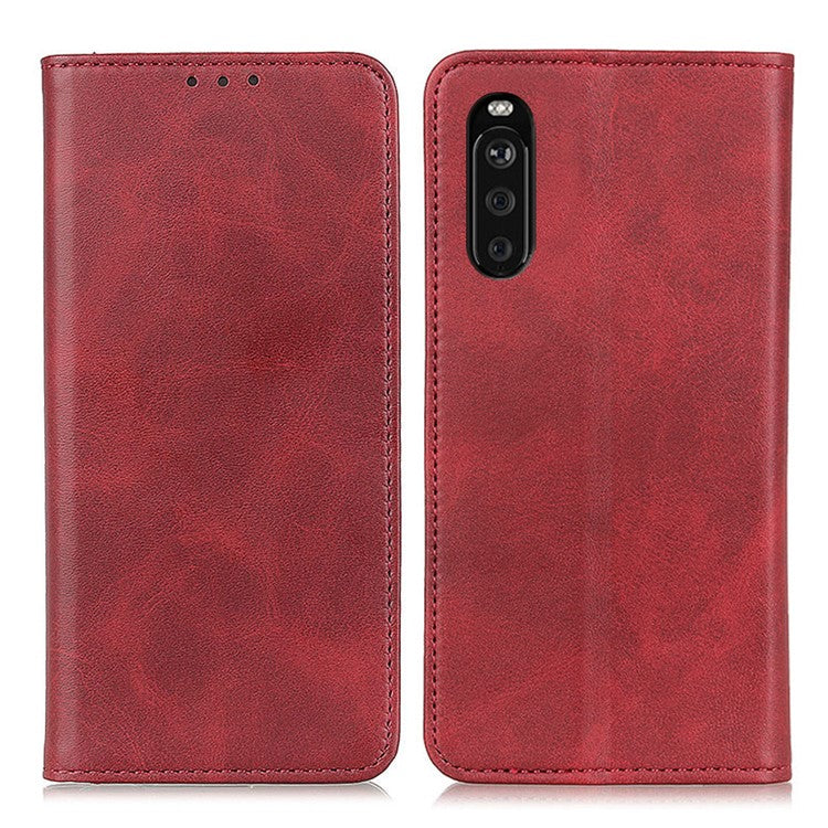 Split Leather Wallet Phone Cover for Sony Xperia 10 III 5G Auto-absorbed Design Stand Smartphone Shell - Red