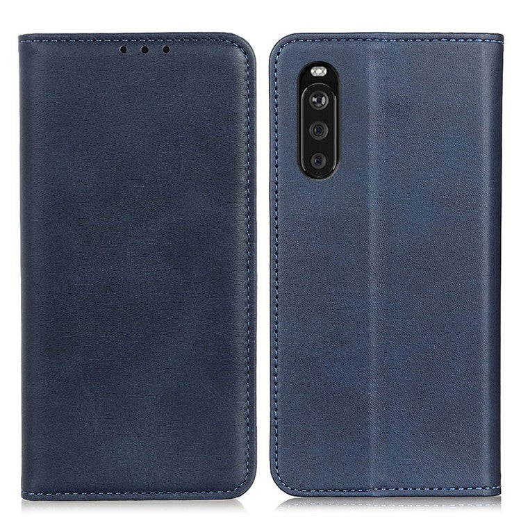 Split Leather Wallet Phone Cover for Sony Xperia 10 III 5G Auto-absorbed Design Stand Smartphone Shell - Blue