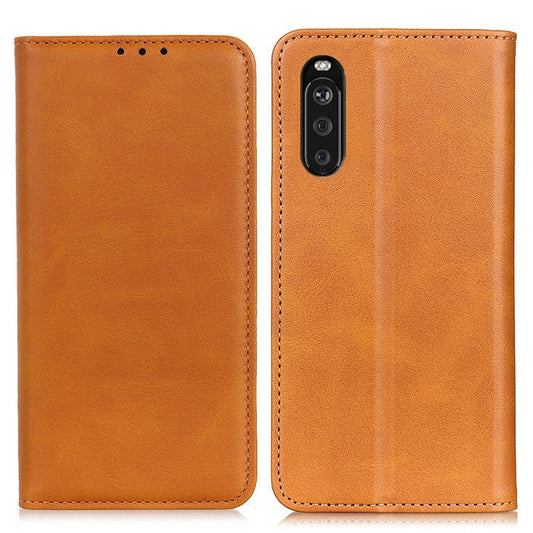 Split Leather Wallet Phone Cover for Sony Xperia 10 III 5G Auto-absorbed Design Stand Smartphone Shell - Yellow