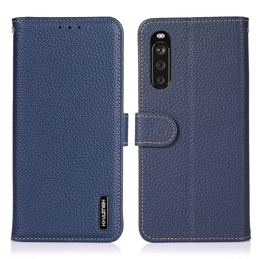 KHAZNEH for Sony Xperia 10 III 5G Wallet Design Litchi Texture Top Layer Genuine Leather Shell Cell Phone Stand Case - Blue