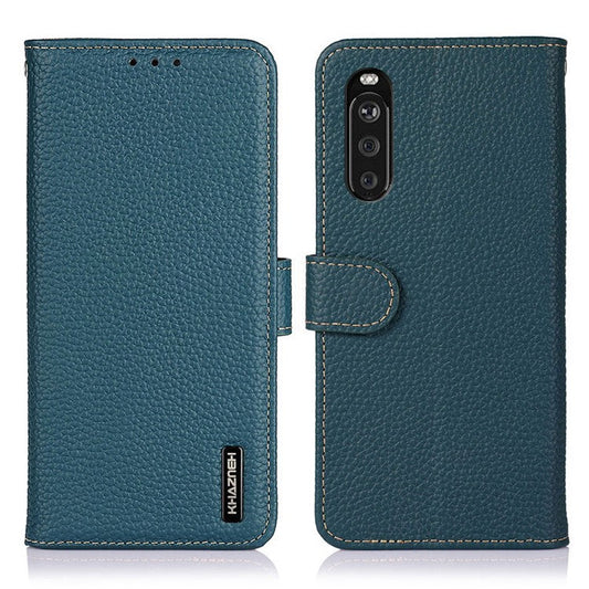 KHAZNEH for Sony Xperia 10 III 5G Wallet Design Litchi Texture Top Layer Genuine Leather Shell Cell Phone Stand Case - Green