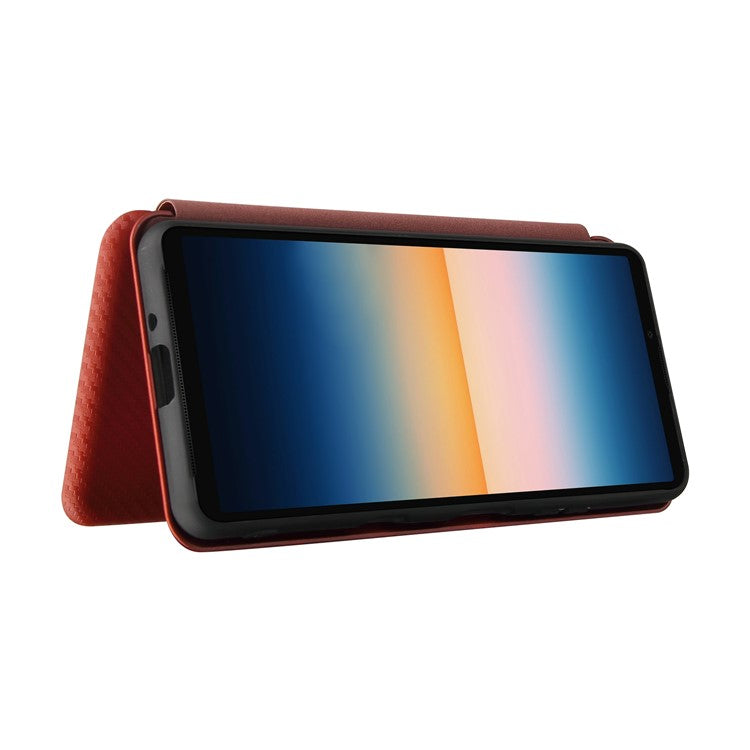 Auto-absorbed Anti-scratch Carbon Fiber Texture Cell Phone Stand Cover for Sony Xperia 10 III 5G Leather Case - Orange