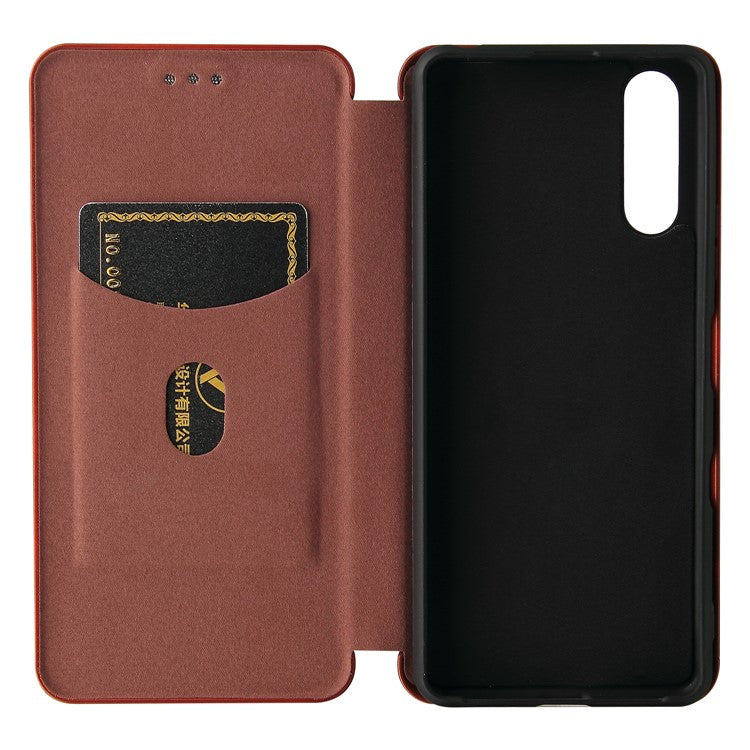 Auto-absorbed Anti-scratch Carbon Fiber Texture Cell Phone Stand Cover for Sony Xperia 10 III 5G Leather Case - Orange