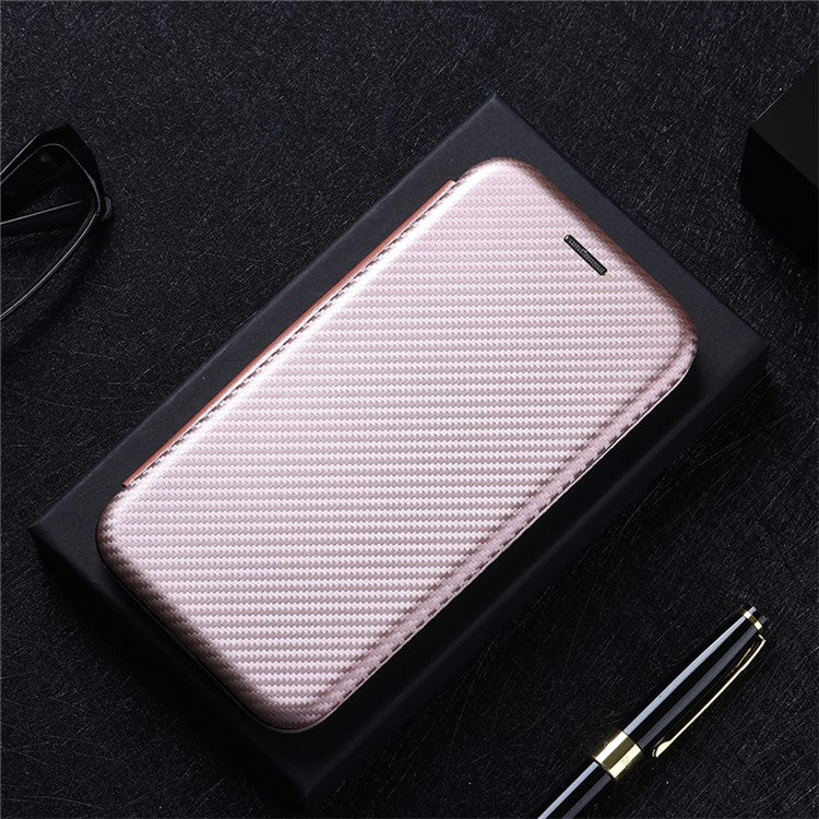 Auto-absorbed Anti-scratch Carbon Fiber Texture Cell Phone Stand Cover for Sony Xperia 10 III 5G Leather Case - Rose Gold