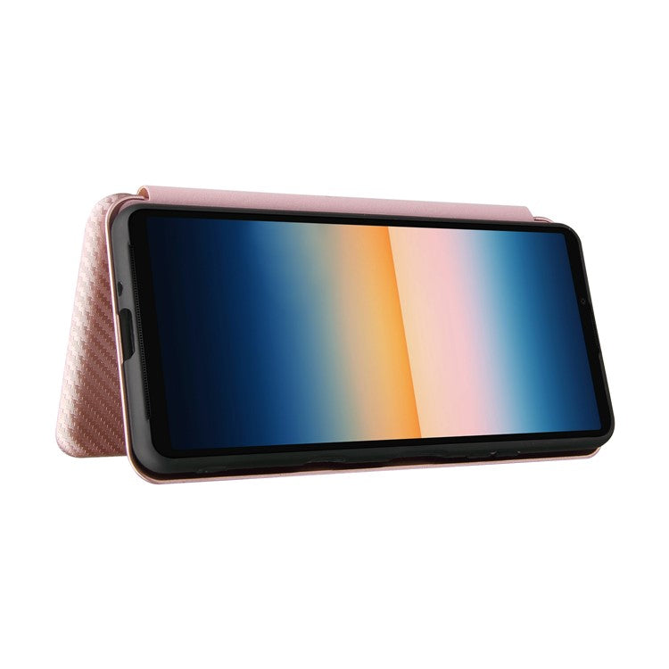 Auto-absorbed Anti-scratch Carbon Fiber Texture Cell Phone Stand Cover for Sony Xperia 10 III 5G Leather Case - Rose Gold
